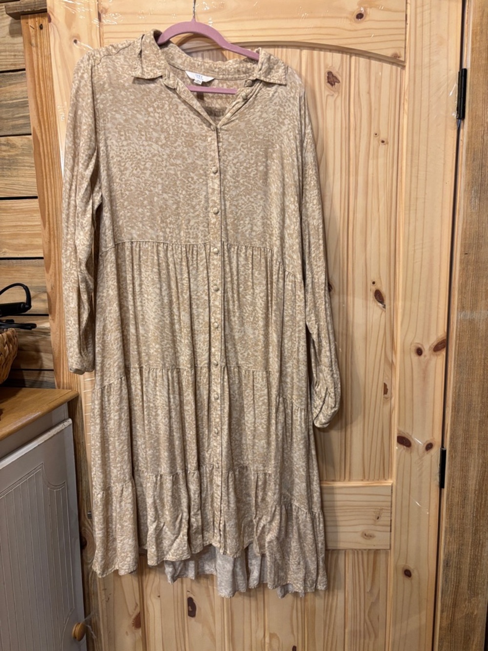 Casual Beige Tiered Button-Front Women's Dress